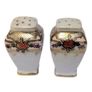 Vintage Hand Painted Salt & Pepper Shakers Gold Floral Square White Ceramic